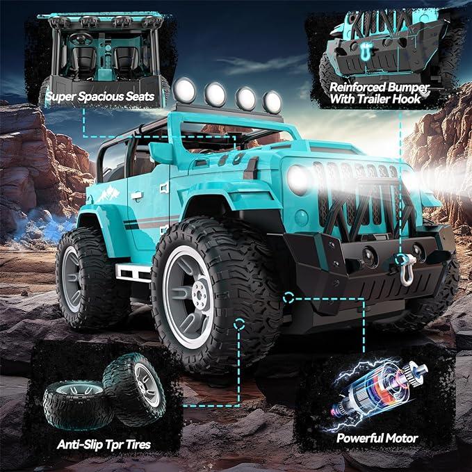 DEERC DE86 Remote Control Jeep Car with Fog Mist & Music, 1:16 Remote Control Truck for Beginners, 2.4Ghz RC Car Toy with 2 Batteries, All Terrain SUV Gifts Crawler with Trailer Hitch