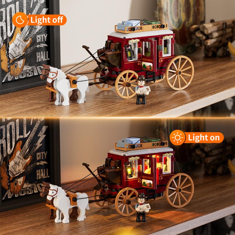 Funwhole Western Stagecoach ,293 Pcs, Lighting Building-Bricks Set - Old West Carriage and Horse  Collection Display Set Holiday Gift for West Lovers