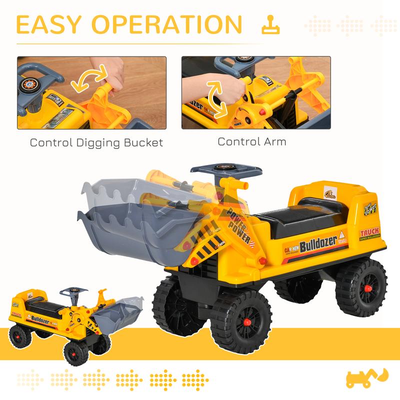 Qaba Kids Bulldozer Ride-On Toy for Toddler with Tough Wheels, Outdoor Construction Toy with Controllable Digging Bucket, Yellow