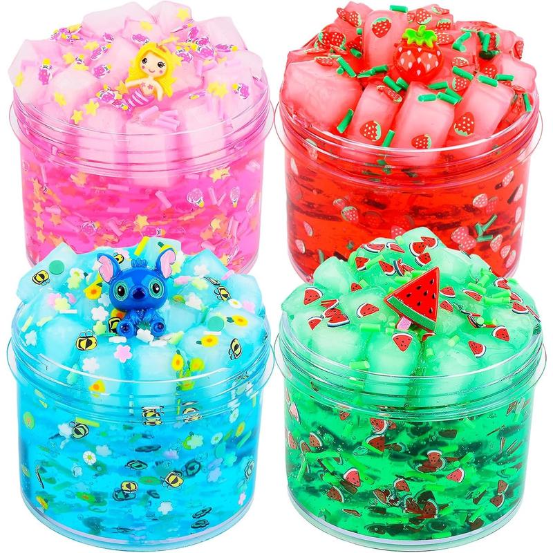 4-Pack Jelly Cube Crispy Slime Set with Red, Blue, Pink and Green Clear Crispy Slime Toys, Super Soft and Non-stick, Stress Relief Toys for Boys and Girls, Kids Party Favors