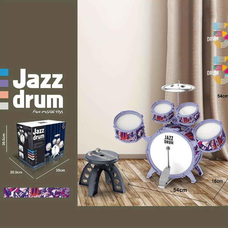 Preschooler Drum Set, 5 Piece Drum Set with Stool, Mini Jazz Drum Musical Instrument Toys for 3-8 Years Boys Girls Babies Children Christmas Gift