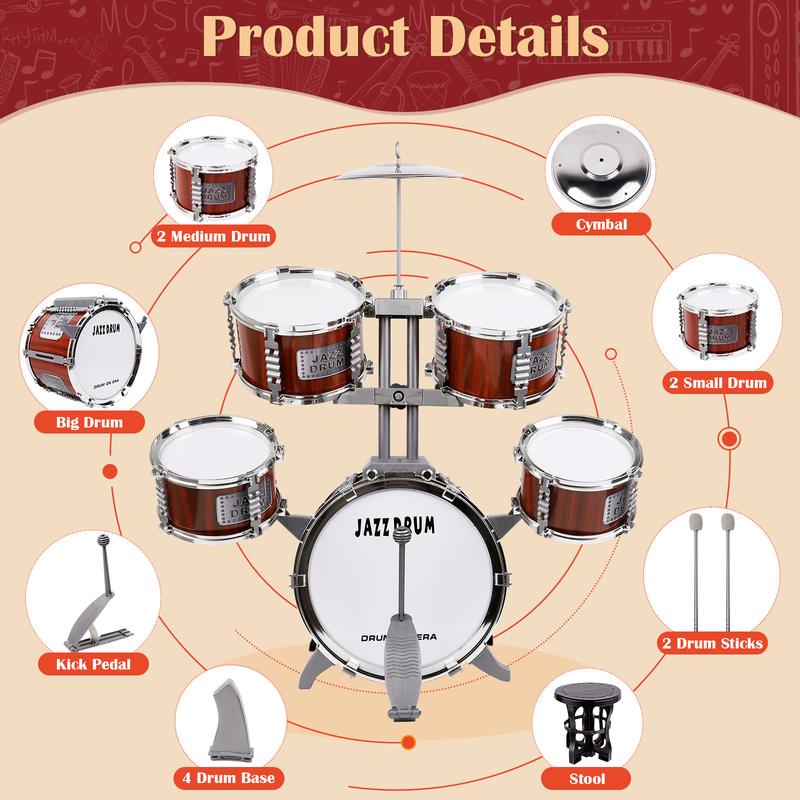 Drum Set for Kids Musical Instruments Kids Drum Set with Stool, Cymbal, Drum Sticks, 4 Snare Drums and 1 Bass Drum Jazz Drum Kit Toys for 3 4 5 6 Year Old Boys Girls Gifts