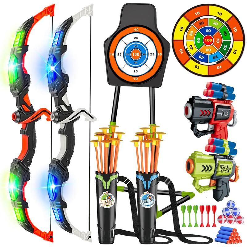 VATOS 2 Pack Bow and Arrow Toy for 5 6 7 8 9 10 11 Year Old Boys Girls, Light Up Archery Toy with Cup Suction Standing Target & 29 in Dart Board, Indoor Outdoor Activity Toys Birthday Gifts,Christmas gifts