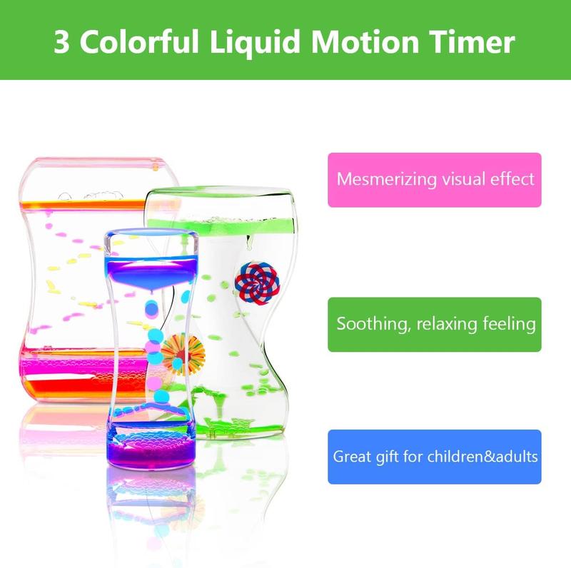 Liquid Motion Bubbler Timer for Sensory Play, Fidget Toy, Desk Top, 3 Pack, Assorted Colors (Style-1)