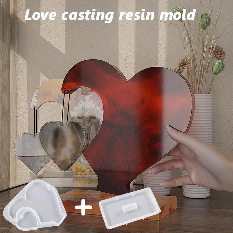 Heart Shaped Silicone Mold, 2 Counts DIY Epoxy Resin Mold, Double Heart Shaped Casting Mold, Rectangle Support Base Mold, For Photo Ornament, Home Decor