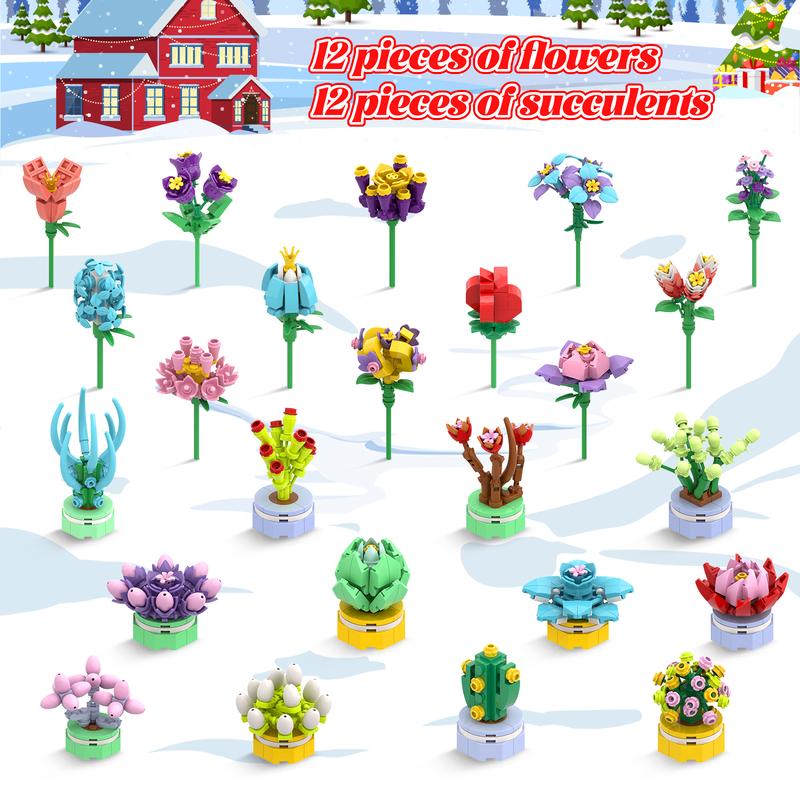 Advent Calendar 2024 Girls, 24 Pack Succulent & Bouquet Building Blocks for Kids, Christmas Countdown Calendar, Ideal Gift for 3 4 5-7 8-12 Boys and Girls birthday gift