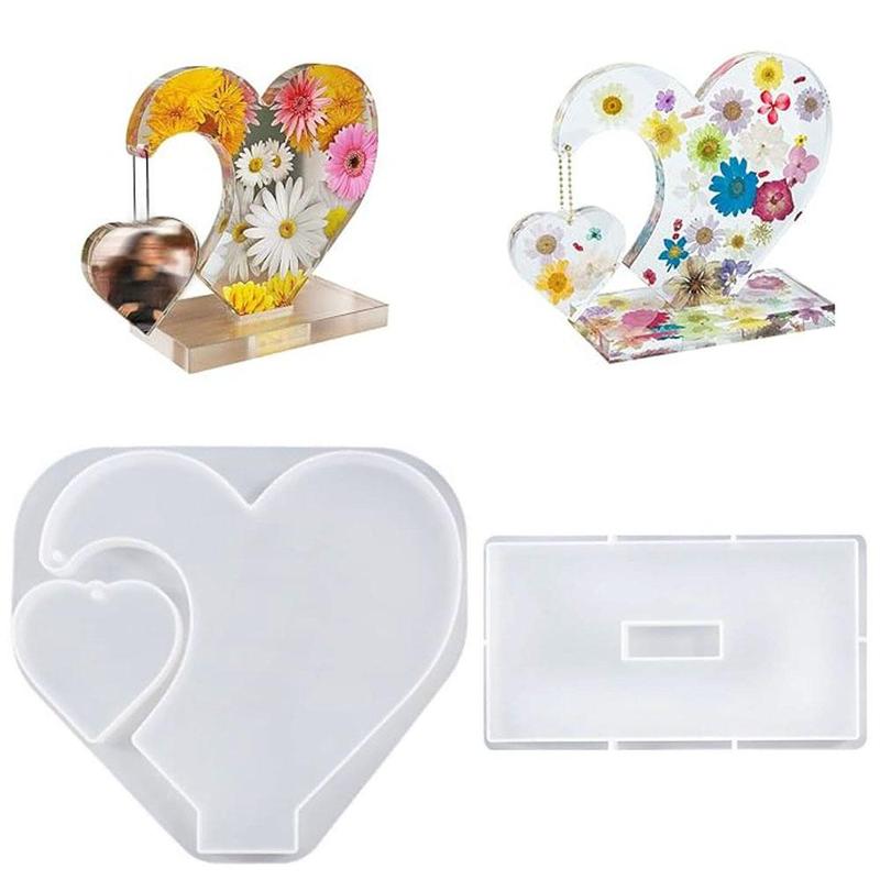 Heart Shaped Silicone Mold, 2 Counts DIY Epoxy Resin Mold, Double Heart Shaped Casting Mold, Rectangle Support Base Mold, For Photo Ornament, Home Decor