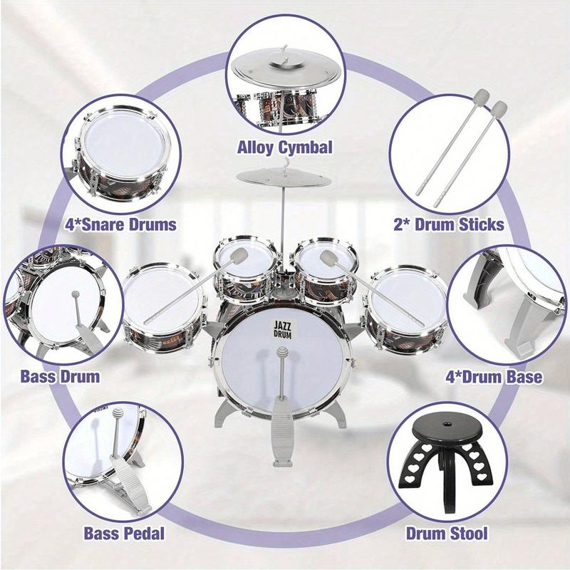 Preschooler Drum Set, 5 Piece Drum Set with Stool, Mini Jazz Drum Musical Instrument Toys for 3-8 Years Boys Girls Babies Children Christmas Gift