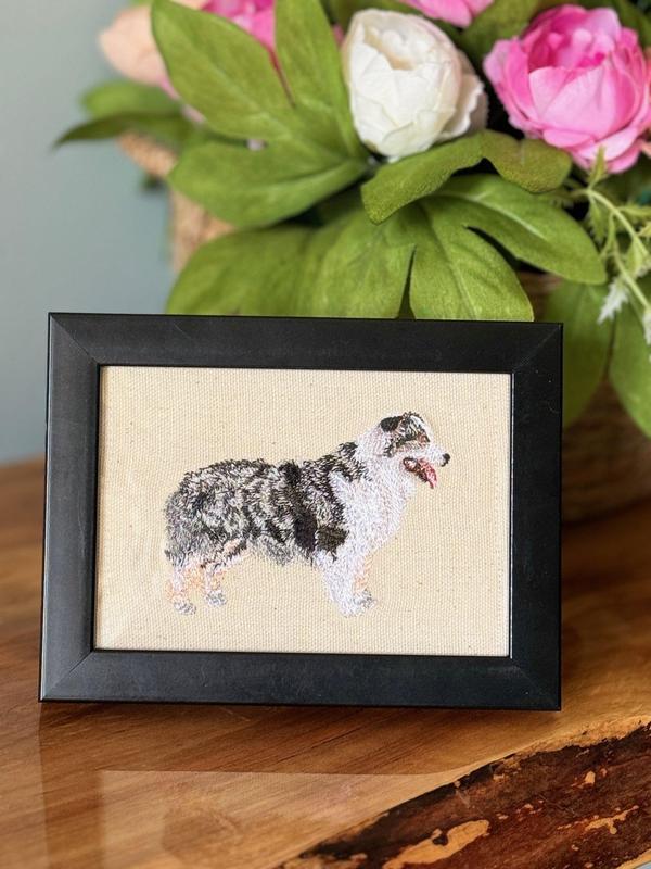 Australian Shepherd Machine Embroidered and Framed!  Other Designs and Breeds Available!