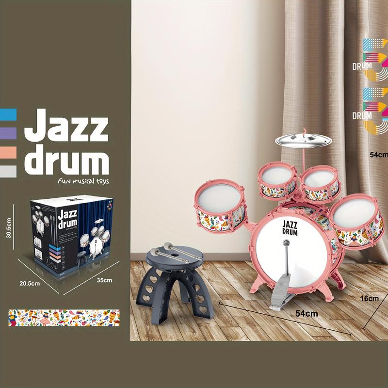 Preschooler Drum Set, 5 Piece Drum Set with Stool, Mini Jazz Drum Musical Instrument Toys for 3-8 Years Boys Girls Babies Children Christmas Gift