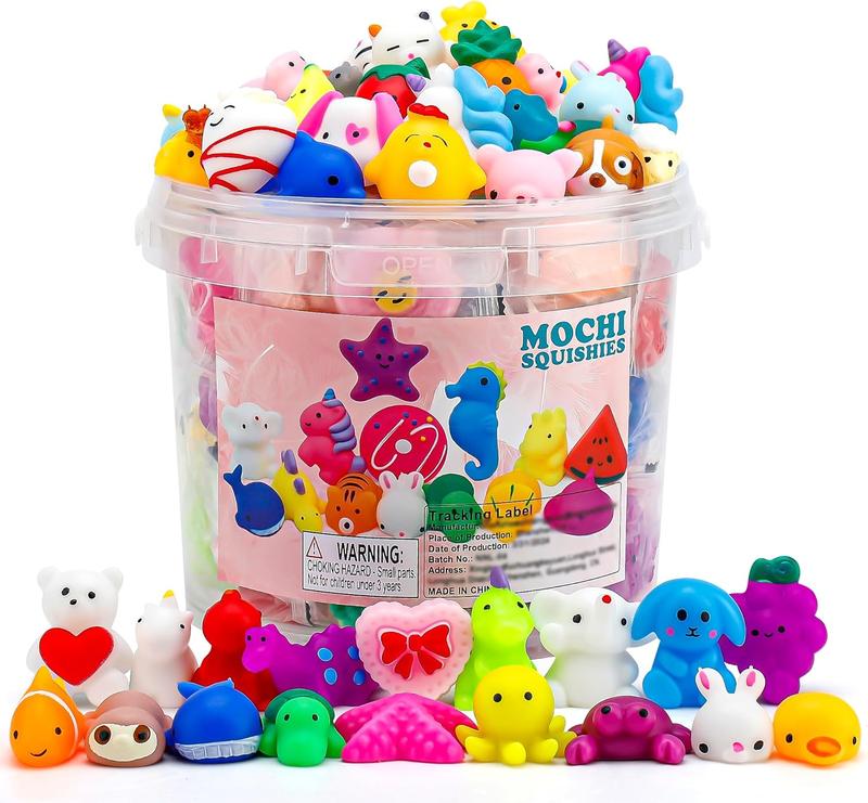 100 Pack Mochi Squishies Toys Set, Fun and Cute Party Favors for Kids,Stress Relief Toys,Treasure Box Toys for Classroom Prizes,Goodie Bags Fillers with Storage Bucket