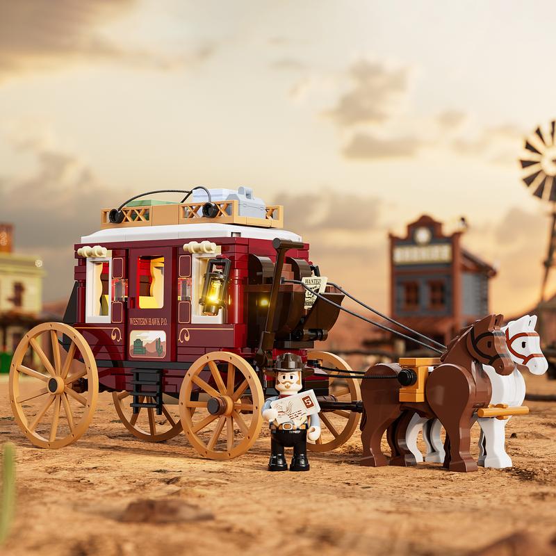 Funwhole Western Stagecoach ,293 Pcs, Lighting Building-Bricks Set - Old West Carriage and Horse  Collection Display Set Holiday Gift for West Lovers