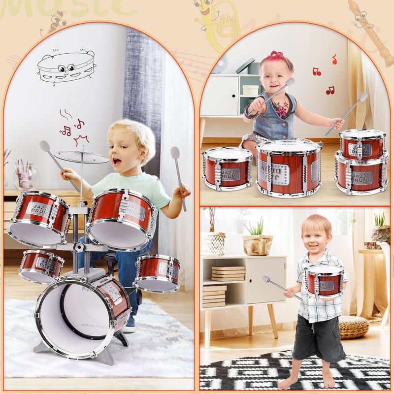 Drum Set for Kids Musical Instruments Kids Drum Set with Stool, Cymbal, Drum Sticks, 4 Snare Drums and 1 Bass Drum Jazz Drum Kit Toys for 3 4 5 6 Year Old Boys Girls Gifts