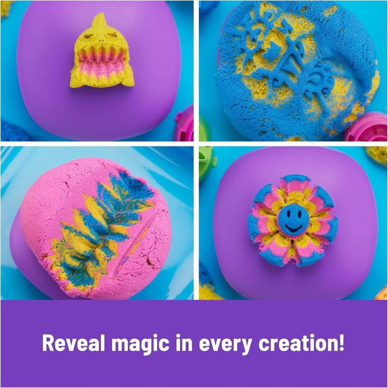 Kinetic Sand, SquishMotion Playset with 1lb Pink, Yellow, Blue Play Sand, Stamper & 5 Tools, Storage Case, Sensory Toys for Kids, Classroom Must Haves