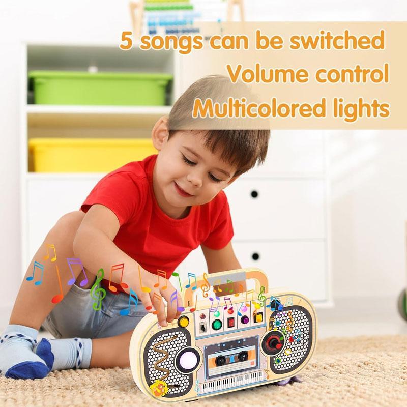 Random Color Wooden Busy Board, LED Recorder Design Sensory Toy with Light & Song, Montessori Toy for Birthday Gifts