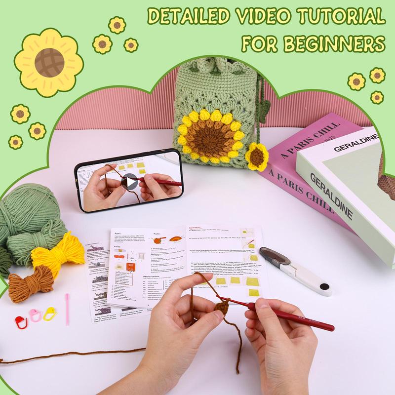 Sunflower Mobile Phone Crochet Bag Starter Kit, Crochet Bag Starter Kit with Step-by-Step Video Tutorials & Complete Accessories, Crochet Bag Starter Kit for Beginners, Knitting & Crochet Supplies