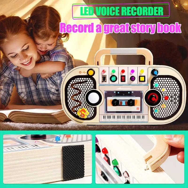 Random Color Wooden Busy Board, LED Recorder Design Sensory Toy with Light & Song, Montessori Toy for Birthday Gifts