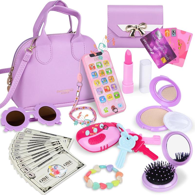 Purple Play Purse for Little Girls Ages 3-6, My First Purse Toy with Handbag, Makeup Set, Sunglasses, Smartphone, Wallet, Car Keys, Credit Cards and Fake Money