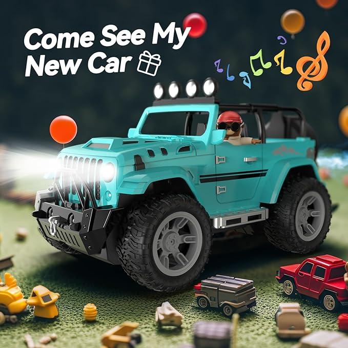 DEERC DE86 Remote Control Jeep Car with Fog Mist & Music, 1:16 Remote Control Truck for Beginners, 2.4Ghz RC Car Toy with 2 Batteries, All Terrain SUV Gifts Crawler with Trailer Hitch