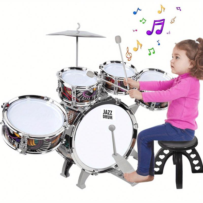 Preschooler Drum Set, 5 Piece Drum Set with Stool, Mini Jazz Drum Musical Instrument Toys for 3-8 Years Boys Girls Babies Children Christmas Gift