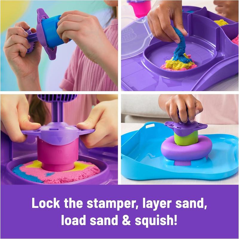 Kinetic Sand, SquishMotion Playset with 1lb Pink, Yellow, Blue Play Sand, Stamper & 5 Tools, Storage Case, Sensory Toys for Kids, Classroom Must Haves