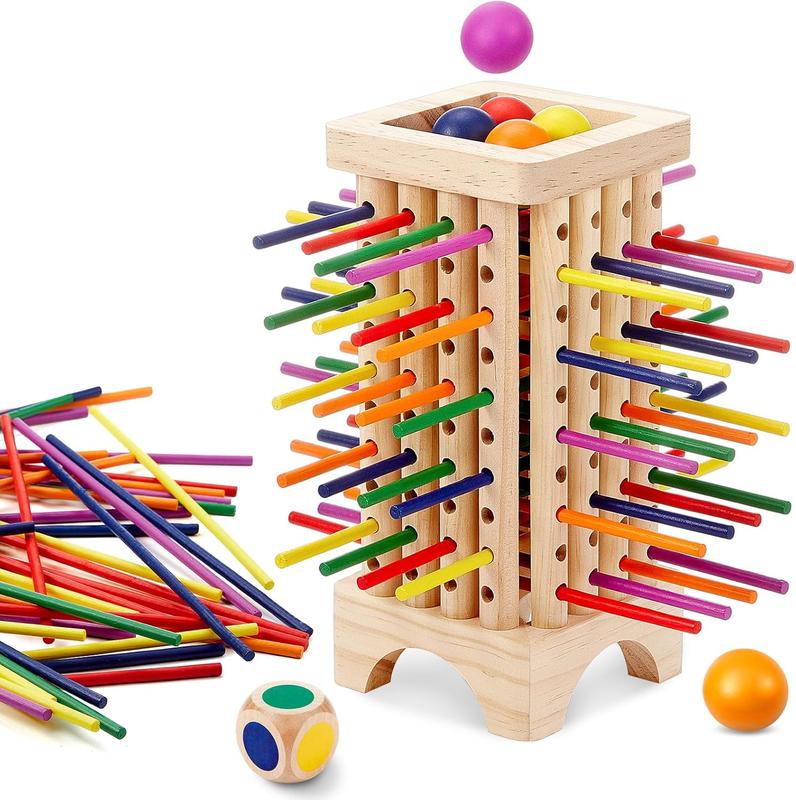 Christmas gift Montessori Colorful Wooden Sticks Game: 42-Piece Tower Dice Ball Set Fine Motor Skills, Counting, and Math Educational Toy for Kids