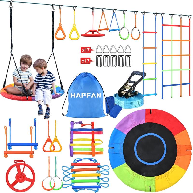 Hapfan 50ft Ninja Warrior Obstacle Course for Kids with Swing, Ninja Rope Course for Outside with 10 Accessories, christmas gifts