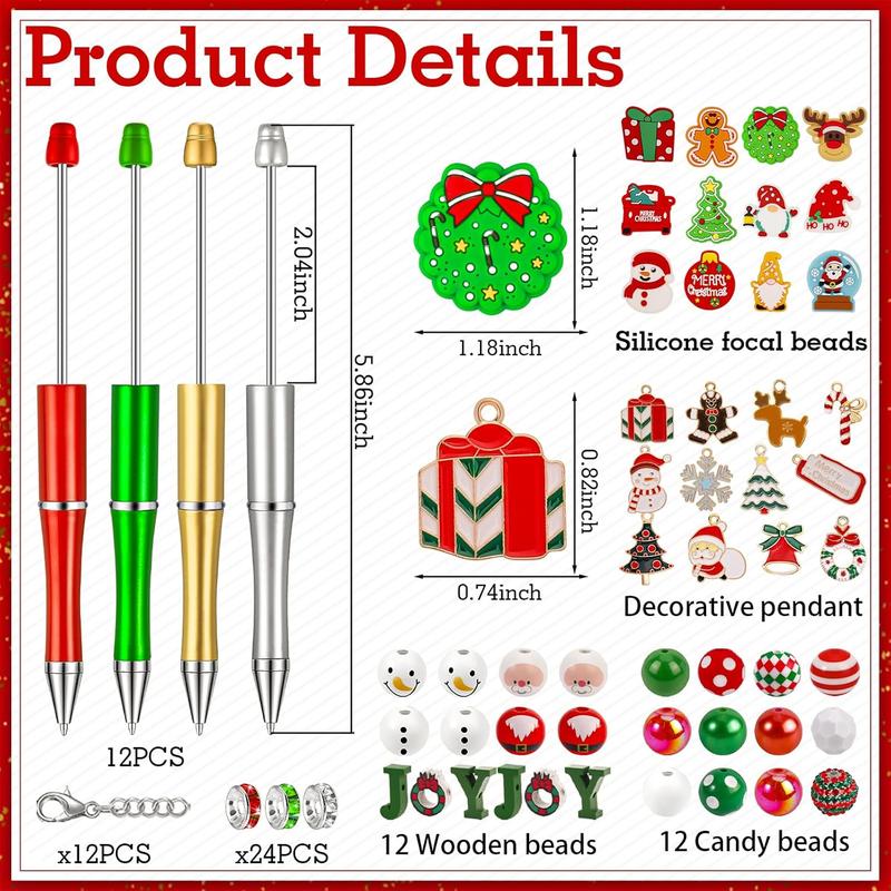 12 Christmas bead pen batch Christmas pen making kit, with silicone focus bead pen, DIY ballpoint pen, with Christmas charm large bead bead pen kit supplies, suitable for office schools