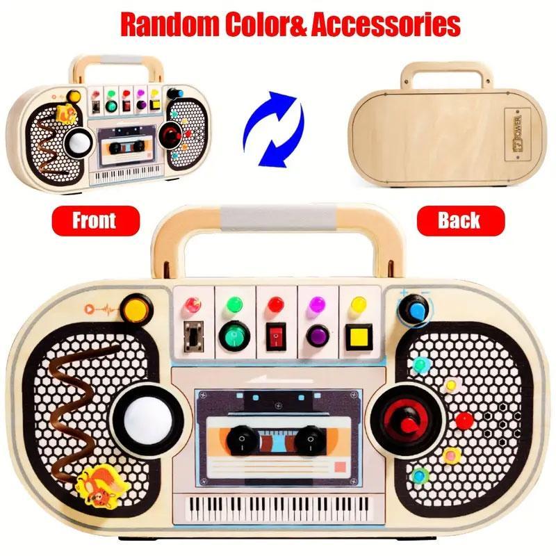 Random Color Wooden Busy Board, LED Recorder Design Sensory Toy with Light & Song, Montessori Toy for Birthday Gifts