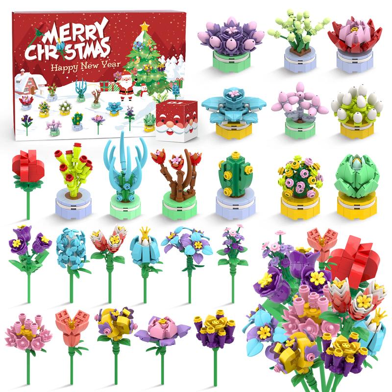 Advent Calendar 2024 Girls, 24 Pack Succulent & Bouquet Building Blocks for Kids, Christmas Countdown Calendar, Ideal Gift for 3 4 5-7 8-12 Boys and Girls birthday gift