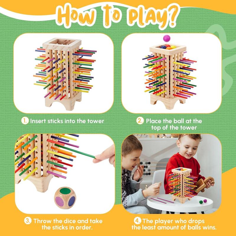 Christmas gift Montessori Colorful Wooden Sticks Game: 42-Piece Tower Dice Ball Set Fine Motor Skills, Counting, and Math Educational Toy for Kids