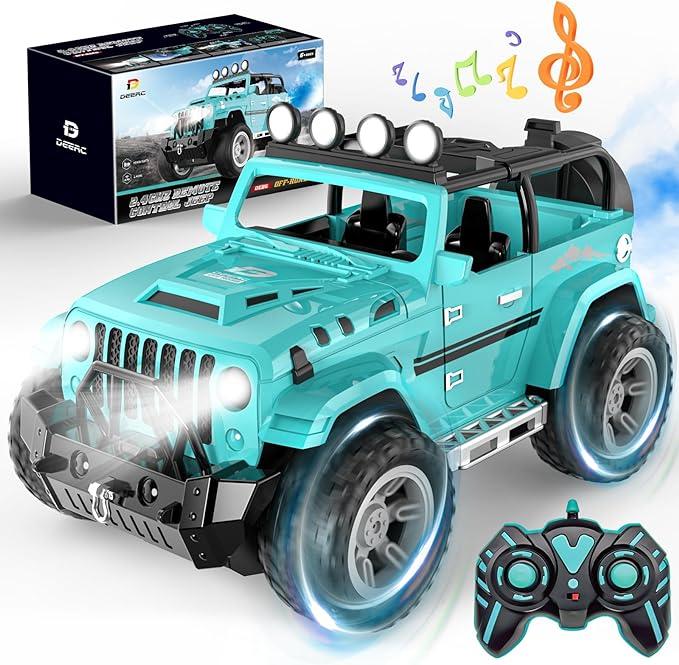 DEERC DE86 Remote Control Jeep Car with Fog Mist & Music, 1:16 Remote Control Truck for Beginners, 2.4Ghz RC Car Toy with 2 Batteries, All Terrain SUV Gifts Crawler with Trailer Hitch