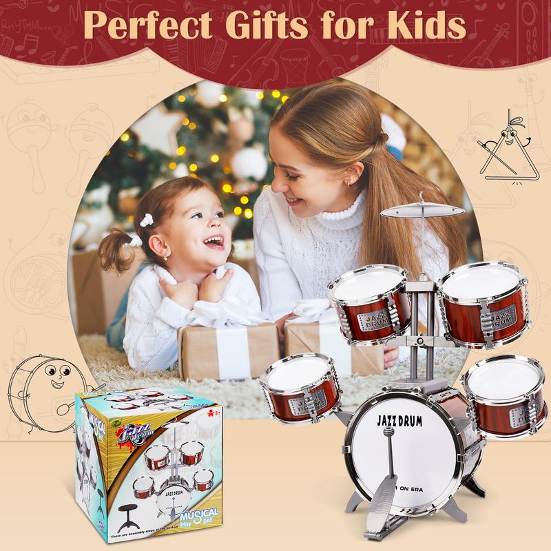 Drum Set for Kids Musical Instruments Kids Drum Set with Stool, Cymbal, Drum Sticks, 4 Snare Drums and 1 Bass Drum Jazz Drum Kit Toys for 3 4 5 6 Year Old Boys Girls Gifts