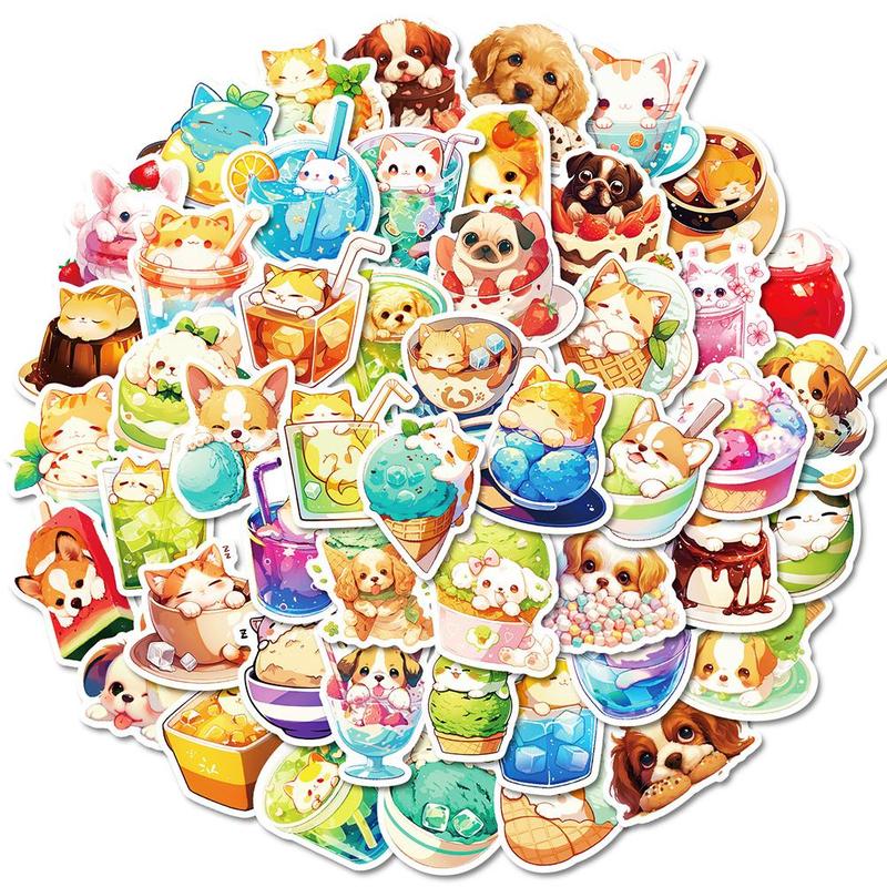 Cute Cat & Dog Food Series Sticker, 50pcs set Waterproof Decorative Sticker, DIY Creative Sticker for Phone Case, Laptop, Notebook, Helmet, Skateboard