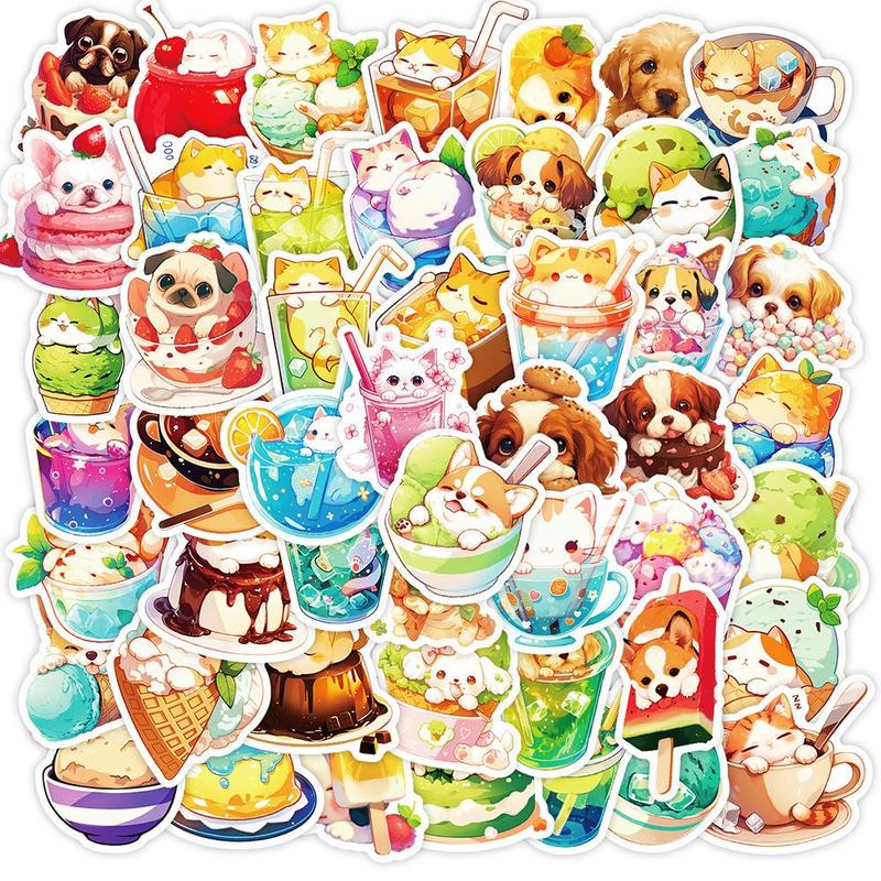 Cute Cat & Dog Food Series Sticker, 50pcs set Waterproof Decorative Sticker, DIY Creative Sticker for Phone Case, Laptop, Notebook, Helmet, Skateboard