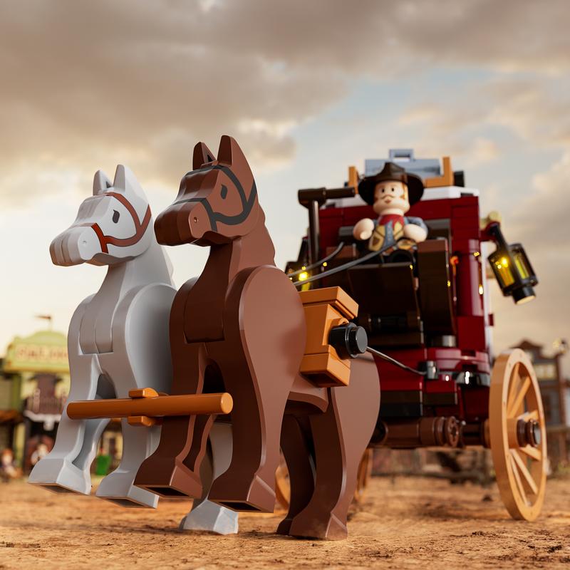 Funwhole Western Stagecoach ,293 Pcs, Lighting Building-Bricks Set - Old West Carriage and Horse  Collection Display Set Holiday Gift for West Lovers