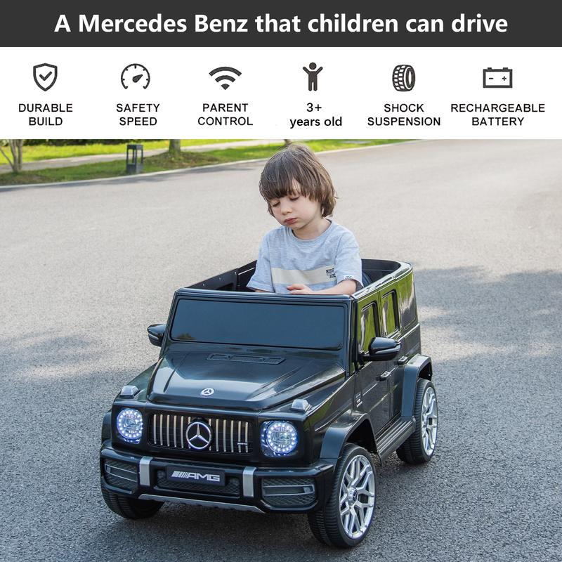 Licensed Mercedes Benz G63 Kids Ride On Car, 12V Electric Vehicle with Remote Control, Double Open Doors, Music Bluetooth, Wheels Suspension, Battery Powered for Children Boys Girls White Remote Control Hobby