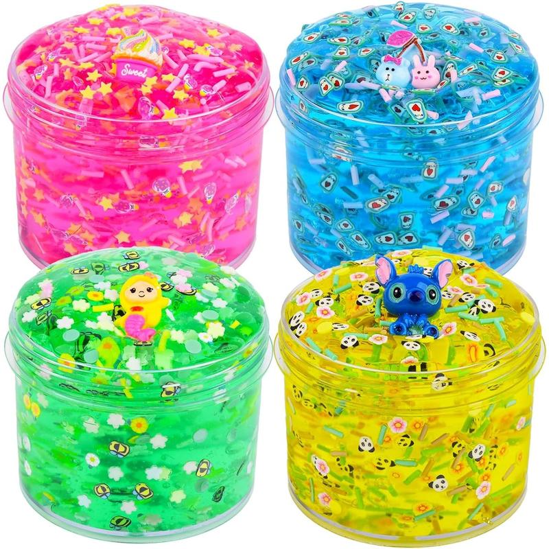 4-Pack Jelly Cube Crispy Slime Set with Red, Blue, Pink and Green Clear Crispy Slime Toys, Super Soft and Non-stick, Stress Relief Toys for Boys and Girls, Kids Party Favors