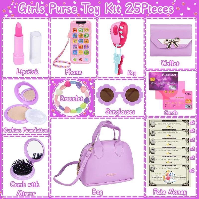 Purple Play Purse for Little Girls Ages 3-6, My First Purse Toy with Handbag, Makeup Set, Sunglasses, Smartphone, Wallet, Car Keys, Credit Cards and Fake Money