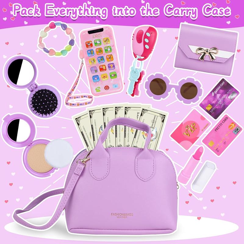 Purple Play Purse for Little Girls Ages 3-6, My First Purse Toy with Handbag, Makeup Set, Sunglasses, Smartphone, Wallet, Car Keys, Credit Cards and Fake Money