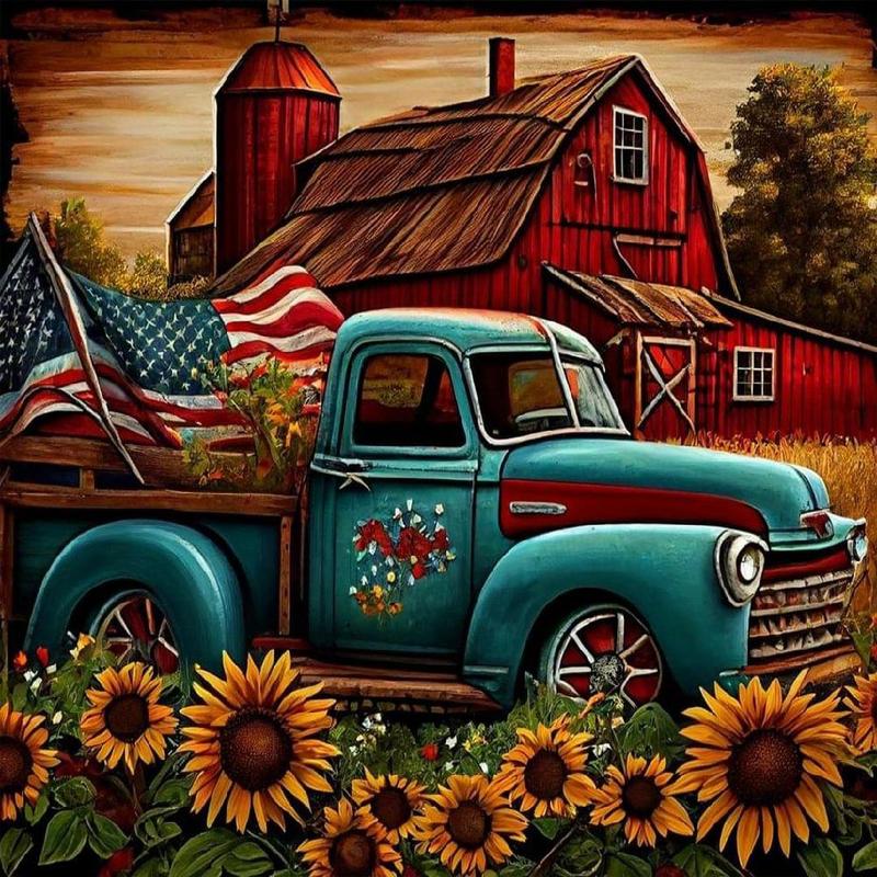 Farmhouse & Sunflower Pattern DIY Diamond Arts Colorful Painting Kit without Frame, 5D Diamond Art Kit, Rhinestone Embroidery Picture for Home Wall Decor