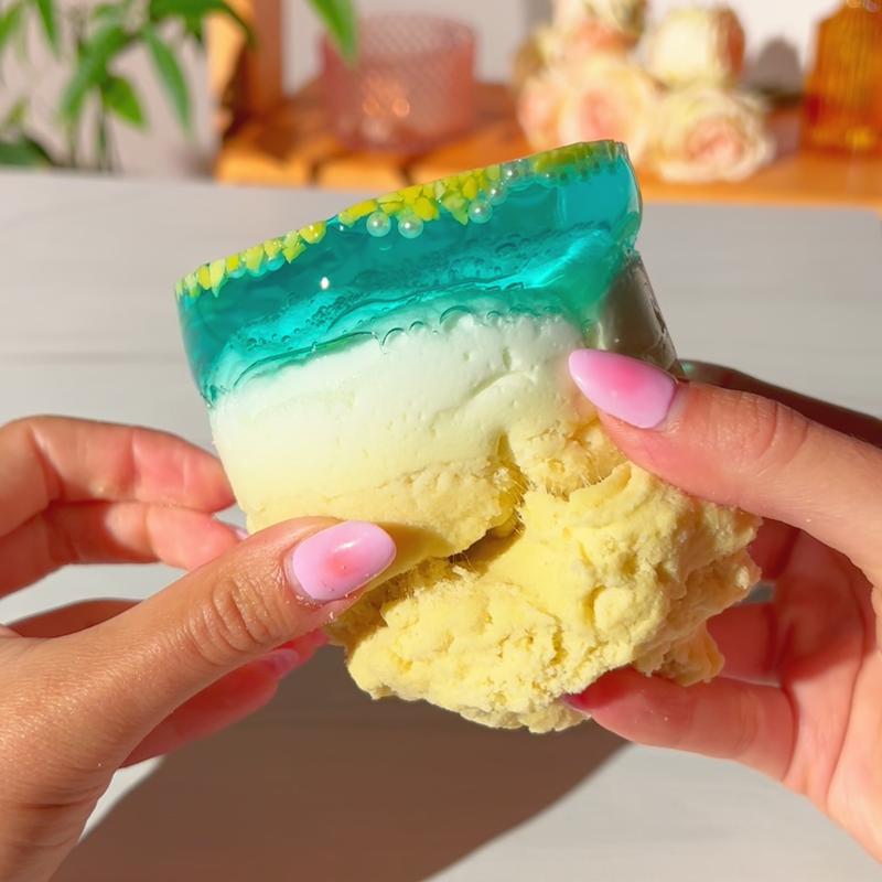 Waikiki Beach Slime • Layered Slime (Clear + Cloud Dough + Cloud) • Pina Colada Scented Slime