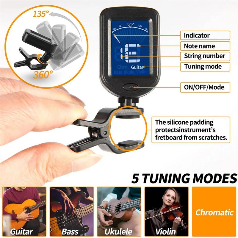 Guitar Tuner, Clip-on Guitar Tuner, Electronic Tuner for Guitar Bass Ukulele Violin Mandolin, Music Accessories suitable for Many Musical Instruments, Christmas Gift