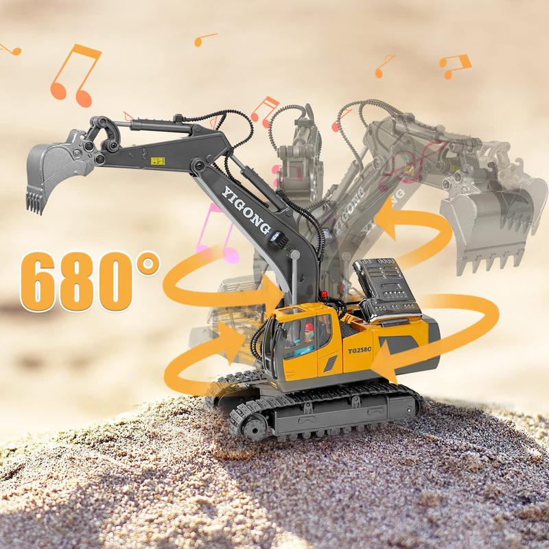 RC Excavator Toy for Kids - 11 Channel Remote Control, 2.4GHz, 1:18 Scale, 680° Rotation with Lights & Music, Best Gift for Boys & Girls, Construction Vehicle Model