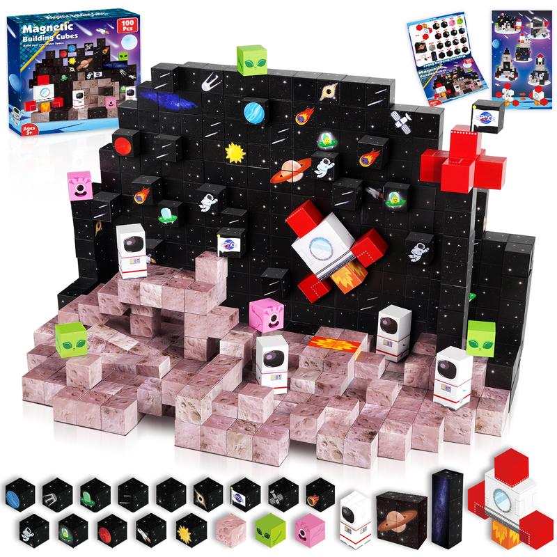 Space Rocket Magnetic Building Blocks 100PCS |Space Adventure Magnetic Tile Set, STEM Montessori Stacking Toy, Building Playsets for Boys and Girls Ages 3-10,Sensory Tile Building Christmas