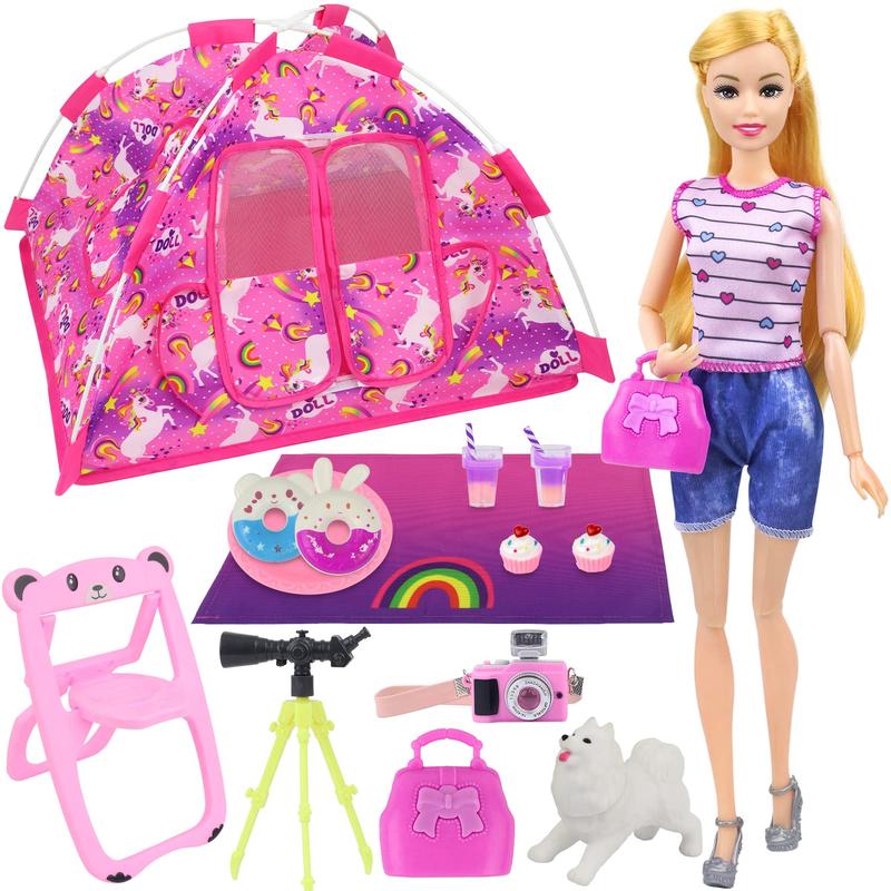 15 Pcs Doll Camping and Accessories Set for 11.5 Inch Girl Doll includes Doll Tent, Clothes, Chair, Camera, Drink, Cupcake, Donut, Telescope, Toy Dog, Bag