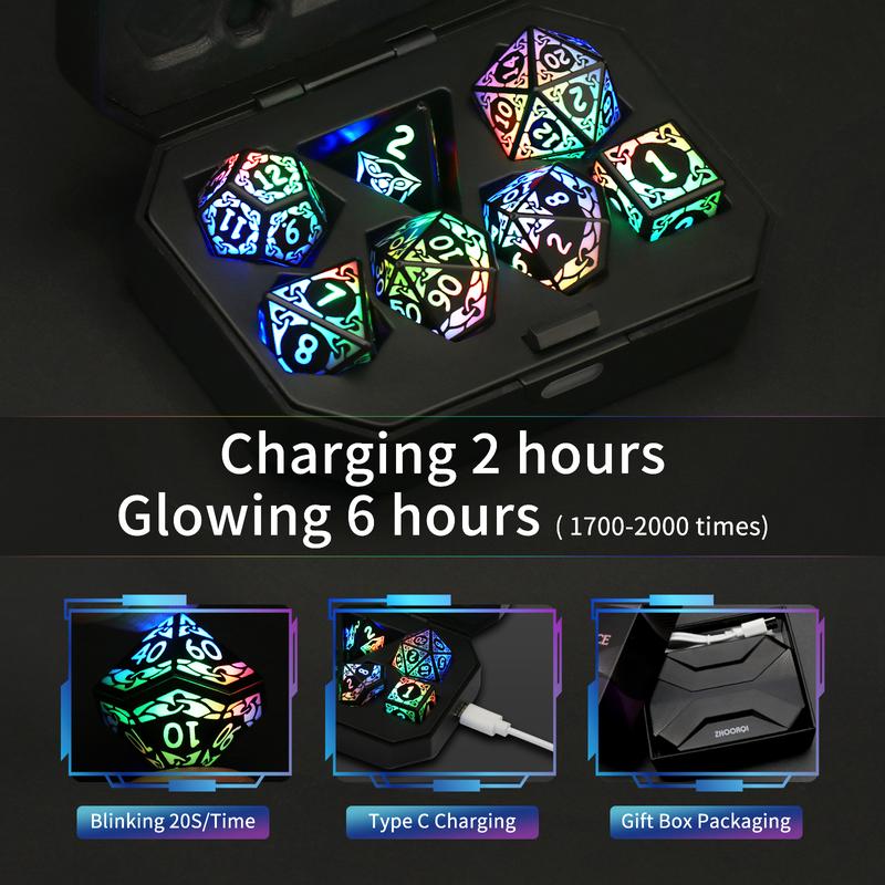 LED Dice Set of 7, DND Dice Rechargeable with Charging Box, Shake to Light Up Colorful Dice, ZHOORQI Dungeon and Dragons Dice for D&D Table Games