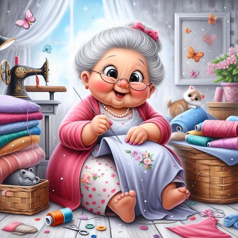 Cartoon Granny Pattern DIY Diamond Art Painting Without Frame, DIY 5D Diamond Arts Painting Kit, Wall Art Decor For Home Living Room Bedroom