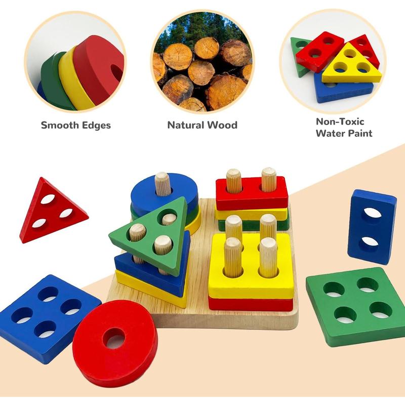 Wooden Sorting & Stacking Toys, Montessori Toys for 3 4 5 Years Old Toddlers, Color Recognition Stacker Shape Sorter Puzzles, Gift for Baby Boys Girls…