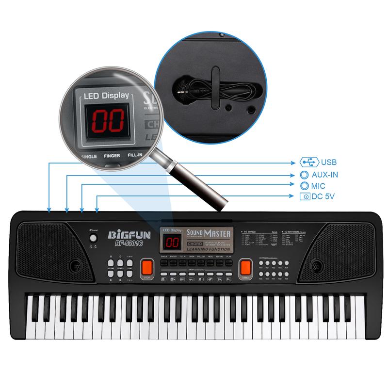 M SANMERSEN Piano for Kids with Microphone, Keyboard Piano for Beginners Electronic Keyboard 61 Keys with Dual Speakers LED Display AUX-in Jack Music Stand Piano Toys for Boys Girls Ages 3-12